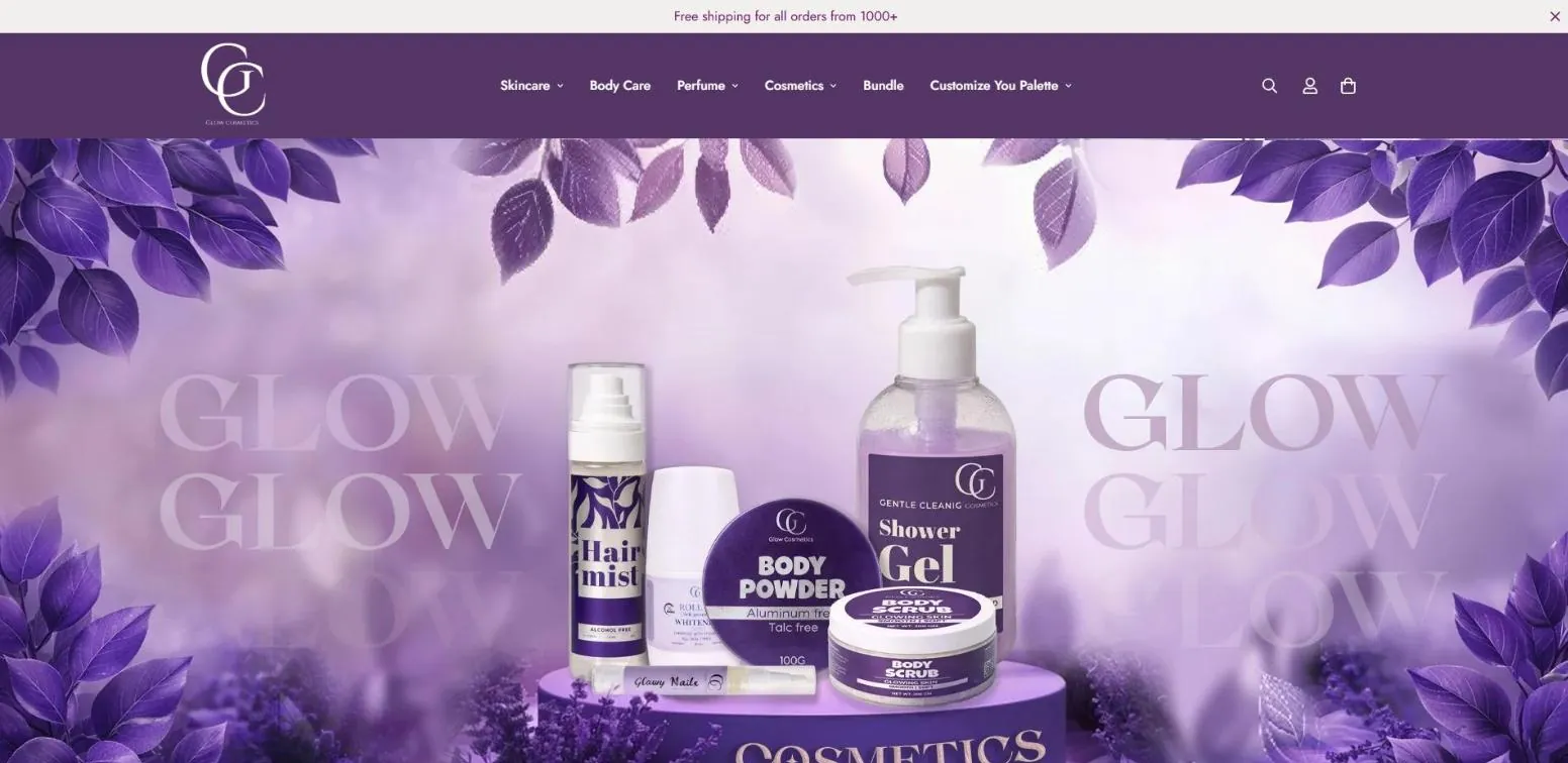 Glow Cosmetics website on desktop