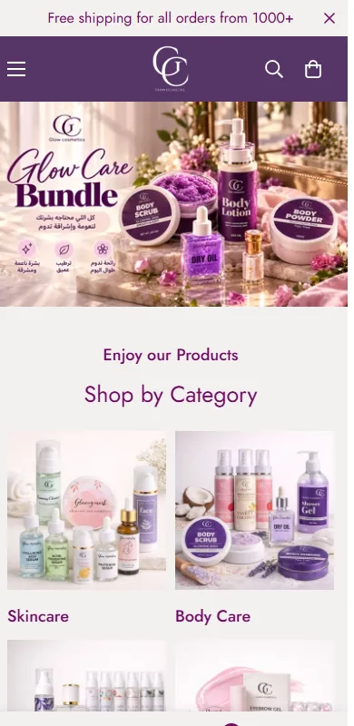 Glow Cosmetics website on a phone